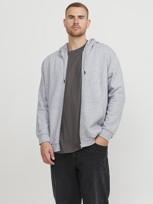 Hoodie zippé gris avec capuche, fabriqué à partir d'un tissu doux. Présente des poignets côtelés et deux poches latérales, porté par-dessus un t-shirt noir et un jean noir.