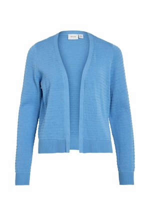 Cardigan de punto azul claro con diseño de frente abierto, puños acanalados y patrón texturizado en toda la tela. Material suave y ligero.