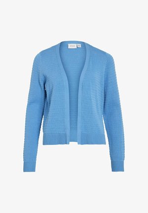 Cardigan de punto azul claro con diseño de frente abierto, puños acanalados y patrón texturizado en toda la tela. Material suave y ligero.