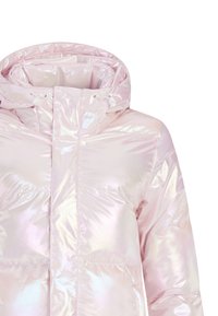 Iridescent rosa puffjacka med hög krage, framdragkedja och dragsko. Har en glansig yta och stickat paneldetaljer.