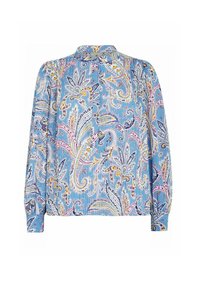 Langærmet bluse i lyseblåt stof med et farverigt paisley-mønster i gule, pink og marineblå accenter. Plisseret design ved skuldrene.
