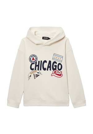 Sweat à capuche crème avec le texte "CHICAGO Club", un écusson de l'Illinois, un drapeau de Chicago et une bannière de l'Académie imprimés sur le devant.