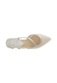 Zapato de punta con parte superior de malla plateada, correa en el tobillo y suela beige. Presenta un patrón texturizado y un diseño elegante.