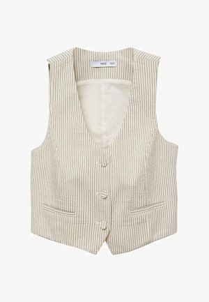 Béžová pruhovaná vesta s výstrihom do V, dvoma prednými vreckami a tromi gombíkmi na zapínanie. Vyrobená z ľahkého materiálu, so zvislými pruhmi.