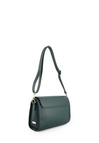 Green leather handbag with a structured design, flat top flap, and adjustable strap. Features gold-tone hardware accents.