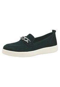 Mörkgrön mocka slip-on sko med vit gummisula. Har en metallisk silvrig kedjedetalj framtill. Rundad tådesign.
