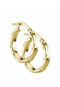 Zelta toņa stīpas auskari ar vijumu dizainu. Tie ir ar pulētu virsmu un drošu aizdari, kas uzlabo kopējo izskatu.