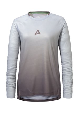 Long-sleeve athletic shirt with round neck, gradient gray color, small triangular logo on chest, and brand name on left sleeve.