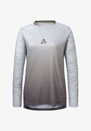 Long-sleeve athletic shirt with round neck, gradient gray color, small triangular logo on chest, and brand name on left sleeve.