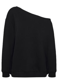 Felpa nera a maniche lunghe, con scollo off-shoulder, polsini e orlo a costine, mostrata su uno sfondo bianco.
