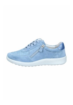 Light blue suede sneaker with white sole, lace-up front, side zipper, and padded blue heel collar.