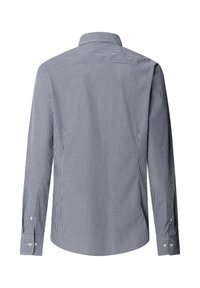 Camisa de manga larga en patrón de cuadros vichy azul marino y blanco, con cuello abotonado y puños, confeccionada en tela ligera.