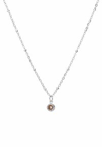 Zilveren ketting met een ronde hanger met een gouden middenstuk en een heldere steenvaccent, verbonden door kleine, ronde details.