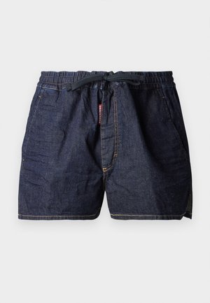 Shorts de denim con cintura elástica y cordón, color azul oscuro, bolsillos laterales y detalles de costura en contraste.