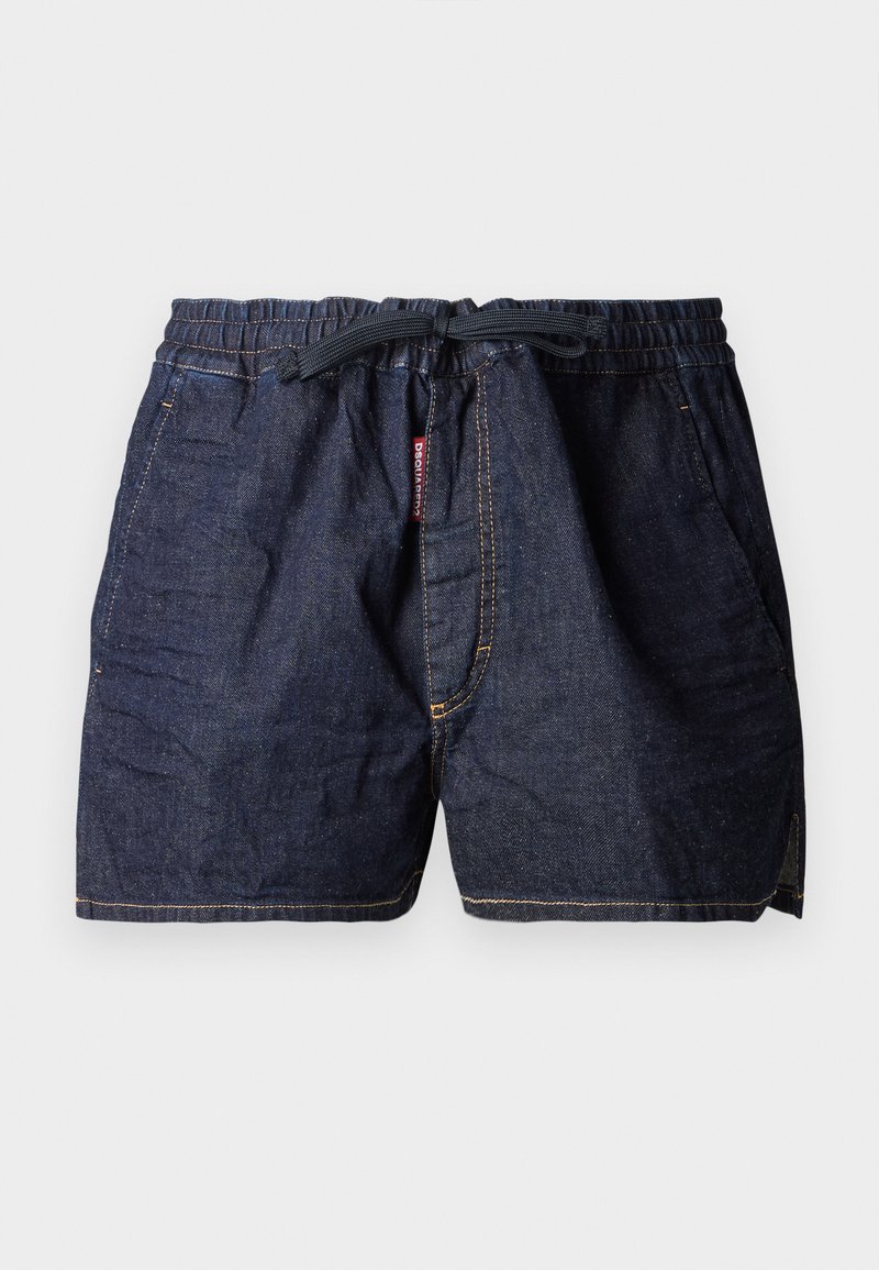 Σορτς τζην με ελαστική μέση και κορδόνι, σκούρου μπλε χρώματος, πλαινές τσέπες και αντίθετες ραφές.