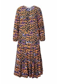 Květinové šaty s tiered designem, 3/4 rukávy, v oranžové, fialové a černé barevné kombinaci s leopardím vzorem. Lehká látka.