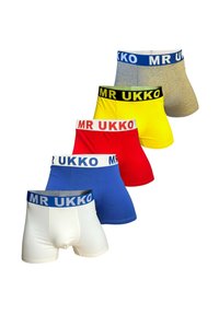 Fem par herrboxershorts i vitt, blått, rött, gult och grått. Varje par har en kontrasterande midjeband med "MR UKKO" tryckt.