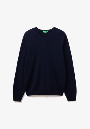 Maglione blu navy a V realizzato in materiale morbido, con maniche lunghe e orlo a coste. Design semplice senza motivi o accenti visibili.