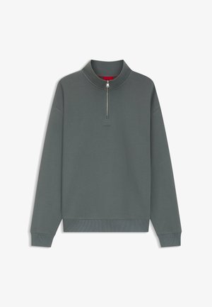 Mørkegrå langærmet sweatshirt med kvart lynlås samt ribstrikkede ærmekanter og kant forneden, vist fladt på en hvid baggrund.
