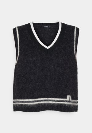 Maglione senza maniche in grigio scuro. Design a V con bordi a contrasto bianchi e neri. Tessuto morbido con una striscia orizzontale vicino all'orlo.