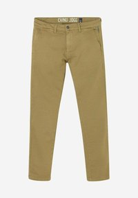 Heren slim-fit khaki chino joggingbroeken met voorzakken, riemlussen en knoopsluiting, plat gelegd op een lichte achtergrond.