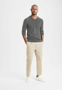 Grauer, langärmliger V-Ausschnitt-Pullover kombiniert mit beigen, schmal zulaufenden Hosen und weißen Sneakers, vor einem schlichten weißen Hintergrund stehend.