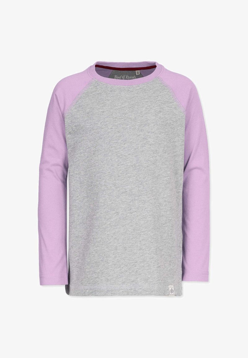 Gray long-sleeve t-shirt with light purple raglan sleeves, made from soft cotton, featuring a crew neck and a small brand label at the hem.