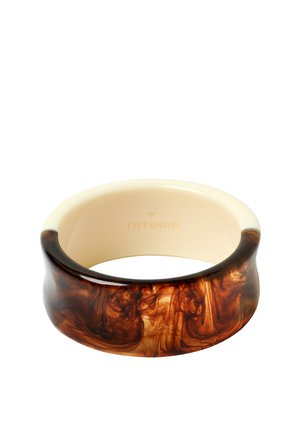 Wide, two-tone resin ring with a glossy finish, featuring creamy beige on the inside and swirling dark brown marble pattern on the outside.