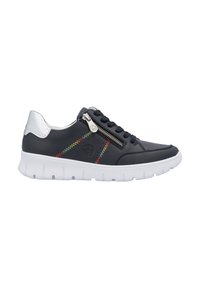 Black leather sneaker with white sole, featuring a side zipper, contrasting stitching in red, green, and yellow, and a silver heel accent.