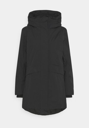 Manteau d'hiver noir mi-long jusqu'aux genoux avec col montant et capuche, manches longues et ourlet légèrement incurvé sur fond blanc.