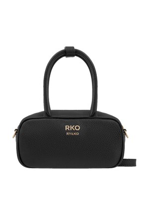 Borsa a mano in pelle nera con finitura testurizzata, logo dorato "RKO RYŁKO," doppi manici e chiusura con zip. Forma rettangolare compatta.