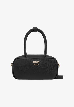 Geantă de mână din piele neagră cu un finisaj texturat, logo auriu "RKO RYŁKO", mânere duble și închidere cu fermoar. Formă compactă rectangulară.