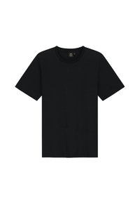 Zwart T-shirt met korte mouwen van zacht materiaal. Heeft een ronde hals en een eenvoudig, klassiek ontwerp zonder patronen of accenten.
