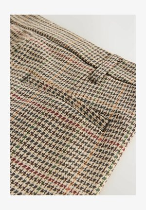 Houndstooth patterned trousers made from a textured fabric in beige, brown, and green, featuring a rear pocket and a belt loop.