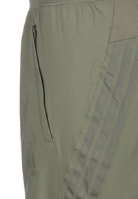 Pantalones deportivos verdes con un bolsillo lateral con cremallera, que presentan tres franjas verticales en un tono ligeramente más oscuro, fabricados con material ligero.
