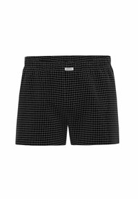 Black shorts featuring a grid pattern in white, made from lightweight fabric, with an elastic waistband and a small brand label on the front.
