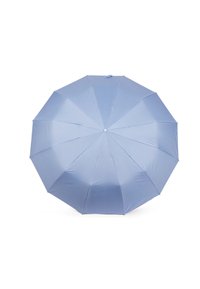 Ombrello azzurro chiaro con una finitura liscia e lucida. Otto pannelli si irradiano da un hub centrale, dotato di una semplice chiusura a pulsante.