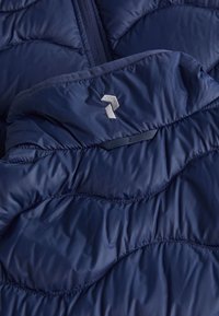 Dunkelblau isolierte Jacke mit gestepptem Textur, die ein dezentes Logo und einen Reißverschluss hat. Weiches Material mit einer glatten Oberfläche.