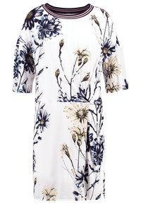 Blommönstrad klänning med korta ärmar. Vit tyg med blåa och gyllene blommor. Detaljerad halsringning med mörka ränder.