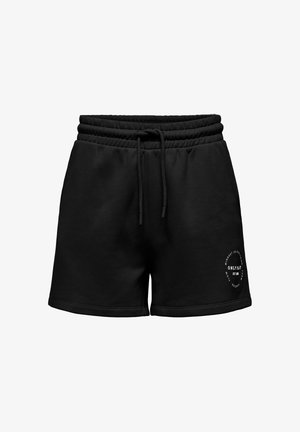 Pantaloni scurți casual negri cu talie elastică și șnur, având un mic logo alb circular cu text pe partea inferioară a piciorului stâng.