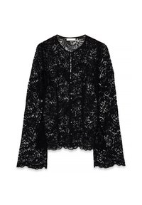 Black lace blouse featuring long sleeves, a round neckline, and a button closure with scalloped edges and floral patterns throughout.