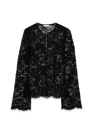 Black lace blouse featuring long sleeves, a round neckline, and a button closure with scalloped edges and floral patterns throughout.
