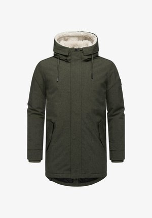Olivegrüner Winterparka mit Kapuze, Fleece-Futter, zwei Vordertaschen, Kordelzügen und einer strukturierten Stoffoberfläche.