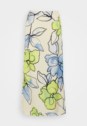 Bloemrok met een lichte crème achtergrond en blauwe en groene bloemenpatronen omlijst met zwart. Gemaakt van een zachte stof, heeft het een vloeiende uitstraling.