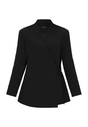 Schwarzer Wickelblazer mit langen Ärmeln, seitlicher Taillenbindung und leicht ausgestelltem Saum, mit halslosem Ausschnitt.