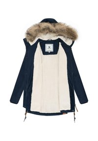 Navy parka jacket with a faux fur-lined hood, soft cream interior, zip closure, and adjustable drawstring hem. Features logo label inside.