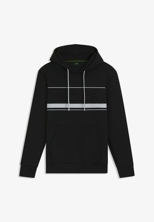 Schwarzer Hoodie aus einem Baumwollmischgewebe. Verfügt über eine vordere Kängurutasche, eine Kapuze mit Kordelzug, ein präsentes "BOSS"-Logo und weiße Streifen.