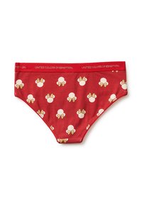 Červené bikinové kalhotky s bílými puntíky a žlutými mašličkami, s červeným pasem s nápisem "United Colors of Benetton".