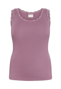 Top din bumbac lila cu dungi, cu dantelă pe marginea gâtului și a brațelor. Prezintă un design ajustat pentru o siluetă netedă.