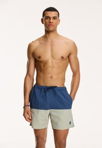 Heren zwemshorts in marineblauw en lichtgroen, gemaakt van sneldrogend materiaal. Voorzien van een elastische tailleband met trekkoord en zijzakken.